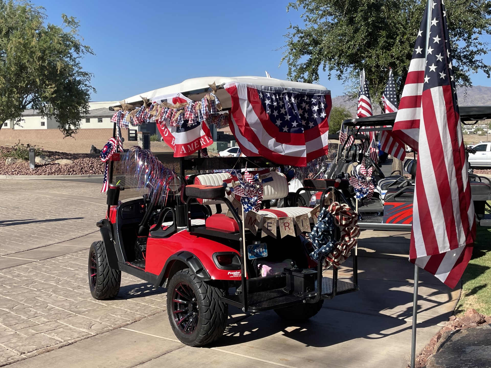 red golf cart decorated